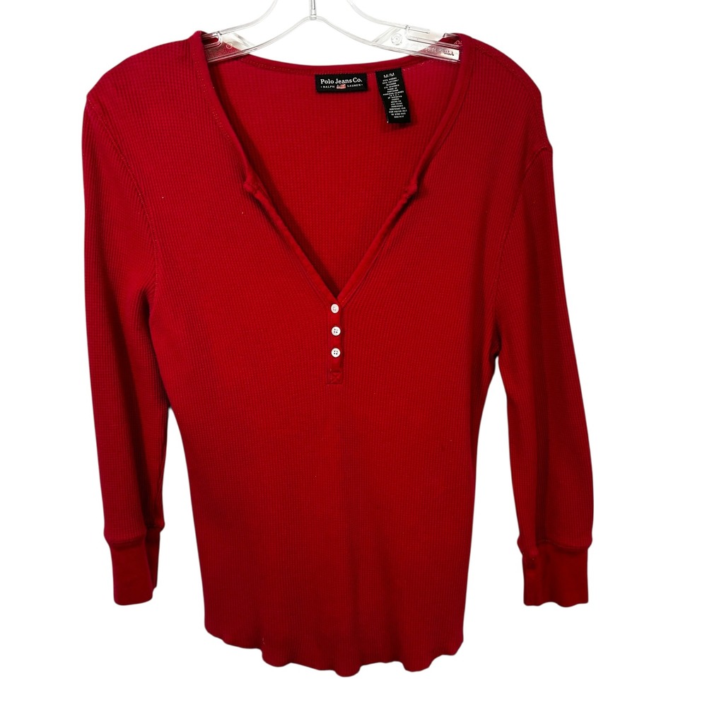 VTG Polo Ralph Lauren Medium Henley Top Red Waffle Knit Thermal Y2K Preppy 1501 - Picture 1 of 8